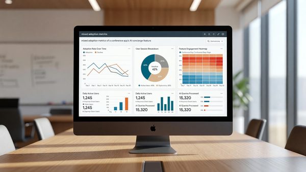 Analytics dashboard showing mixed adoption metrics for a conference app's AI concierge feature