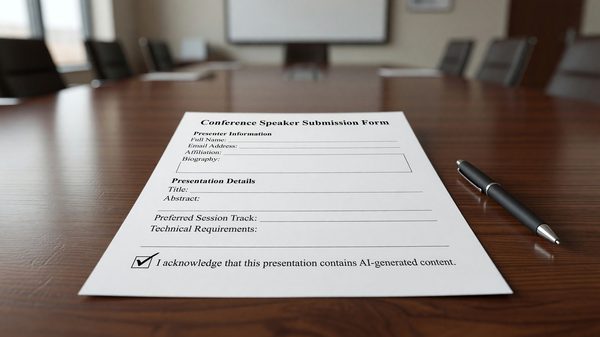 Conference speaker submission form with a checkbox disclosing use of AI-generated presentation content