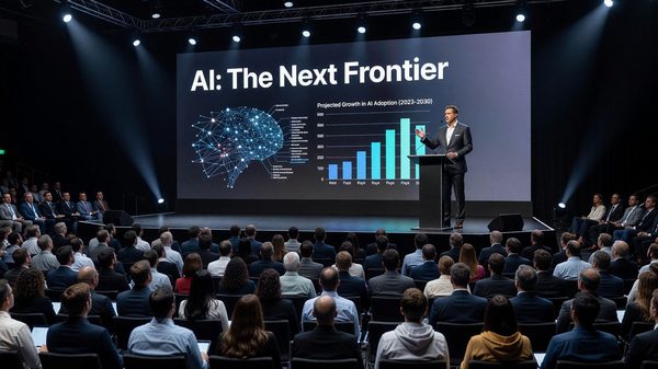 Tech conference keynote stage displaying an AI-focused presentation slide to a large audience