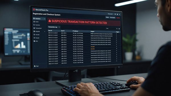 Registration platform dashboard flagging a suspicious transaction pattern during checkout