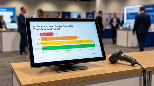 Exhibitor dashboard showing AI-generated lead quality scores for tradeshow booth scans