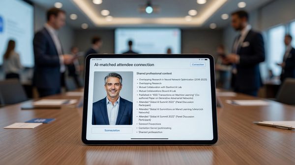 Conference app showing a highly detailed AI-matched attendee connection with shared professional context