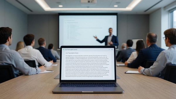 AI transcription app capturing notes during a conference session on a laptop screen