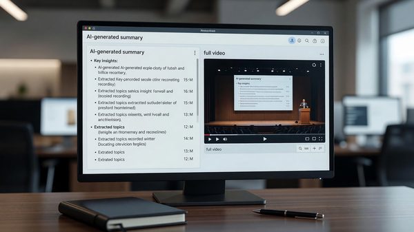 Conference app screen displaying an AI-generated summary of a recorded session alongside the full video