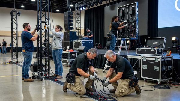 AV production crew setting up conference stage equipment, illustrating skilled technician staffing needs