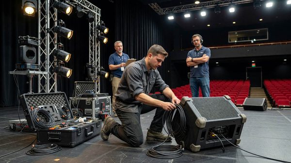 AV production trainee learning stage equipment setup as part of an industry apprenticeship program