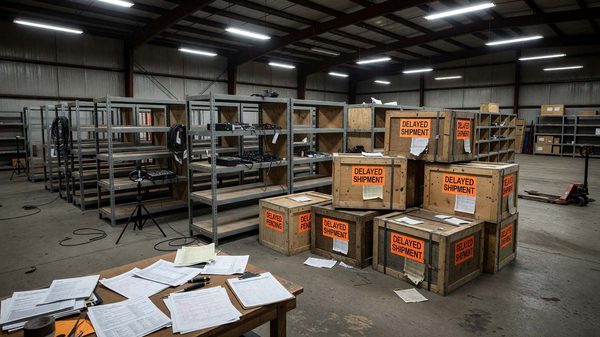 AV production warehouse showing equipment inventory shortages and delayed shipment crates