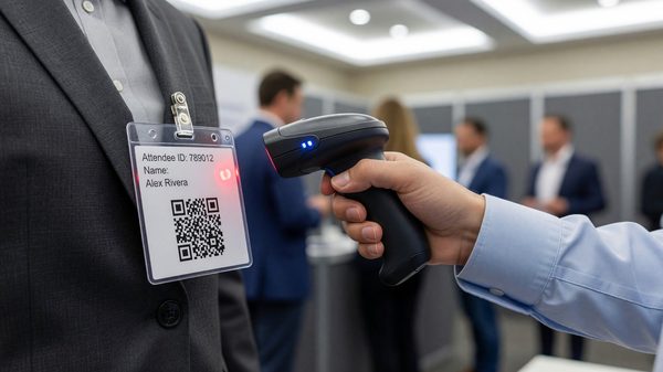 Attendee badge with QR code being scanned, illustrating lead-retrieval data privacy considerations