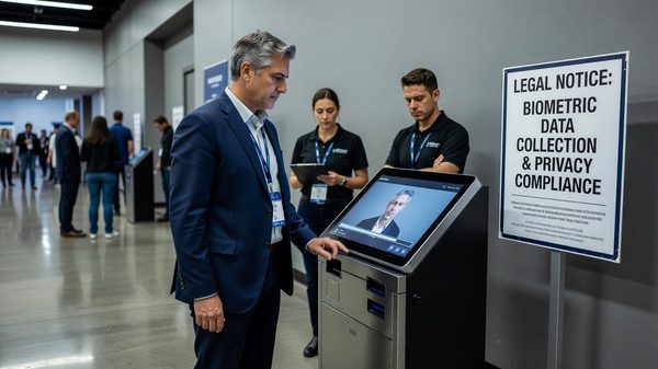 Attendee at a conference facial-recognition check-in kiosk, illustrating the legal scrutiny facing biometric event technology