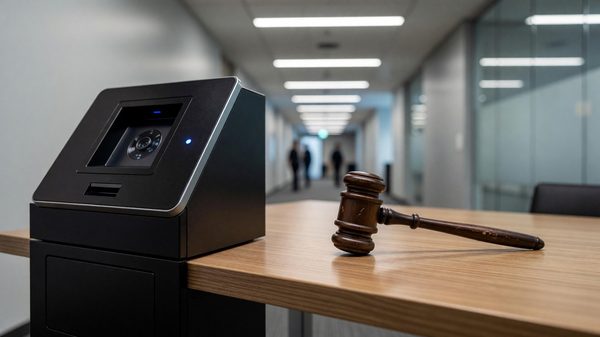 Gavel beside a facial-recognition check-in kiosk, illustrating the resolution of biometric conference litigation