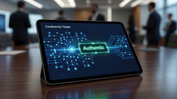 Digital conference ticket verification interface showing a blockchain-based authenticity check