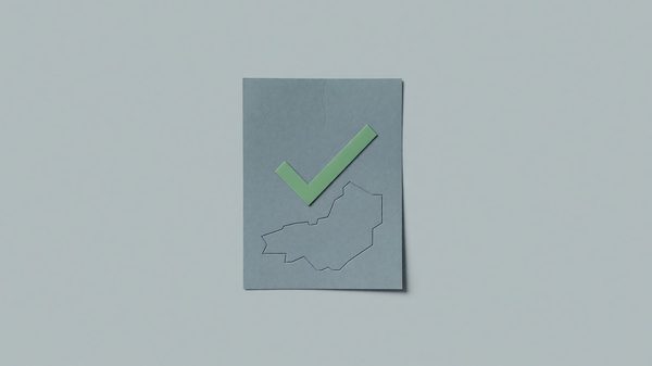 Simple abstract minimalist illustration representing consumer data rights — geometric shape suggesting a document with a checkmark and a state outline motif, muted color palette, no people, no text, no logos