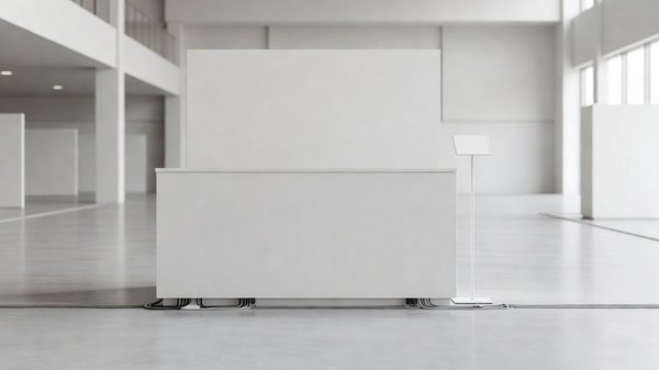 Empty exhibition booth with a reception counter, tablet stand and cable runs ahead of a large technology show
