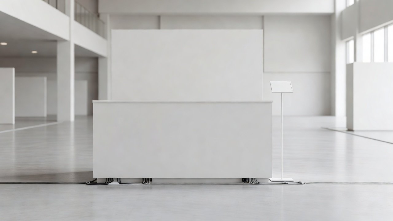 Empty exhibition booth with a reception counter, tablet stand and cable runs ahead of a large technology show