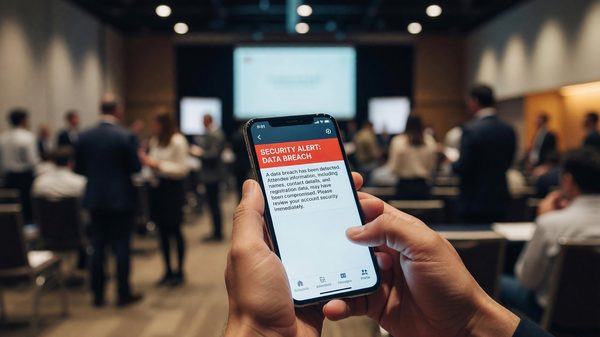 Security alert notification on a conference mobile app interface, illustrating a data breach affecting attendee information