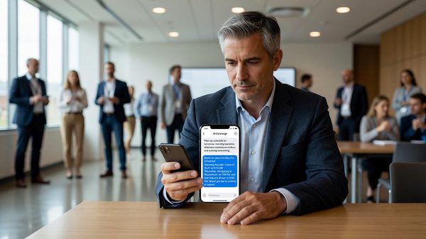 Attendee using a conversational AI concierge feature within a conference mobile app to plan their schedule