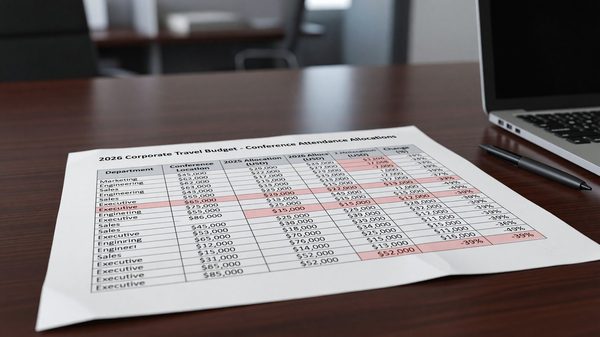 Corporate travel budget spreadsheet showing reduced conference attendance allocations for 2026