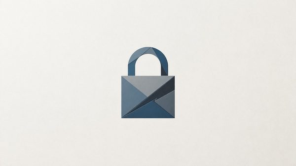 Simple abstract minimalist illustration representing data security risk — geometric shape suggesting a padlock with a faint crack, muted color palette, no people, no text, no logos