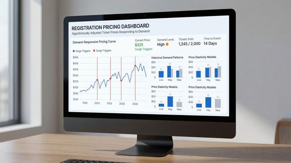 Registration pricing dashboard showing algorithmically adjusted ticket prices responding to demand