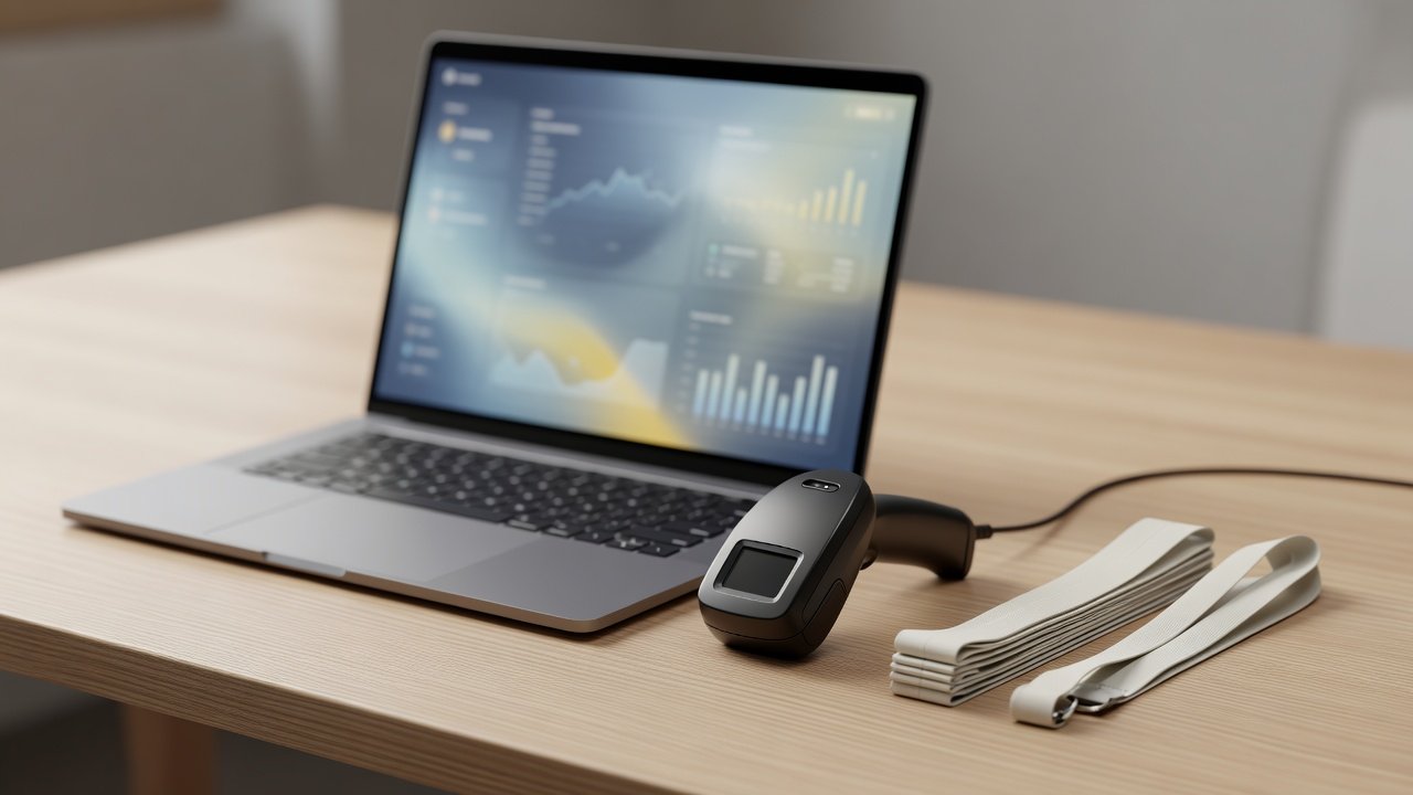 Laptop showing an abstract dashboard beside a badge scanner and a stack of lanyards on a desk after an event
