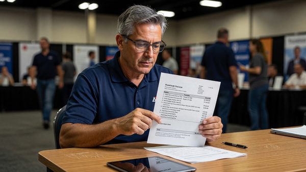 Exhibitor reviewing an itemized invoice for lead-retrieval hardware and data export fees