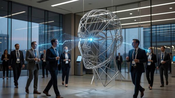 Abstract representation of facial recognition check-in technology at a conference entrance