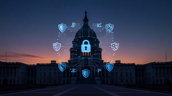Capitol building silhouette with overlaid data-privacy iconography representing federal privacy legislation