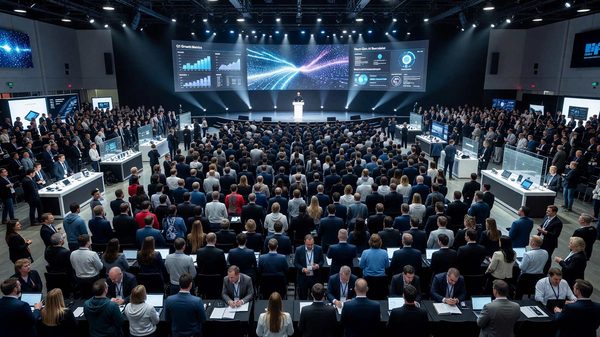 Crowded keynote hall at a major tech conference exhibition, illustrating the year's first flagship industry gathering