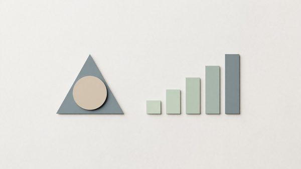 Simple abstract minimalist illustration representing app gamification — geometric shapes suggesting a badge and a leaderboard bar chart, muted color palette, no people, no text, no logos