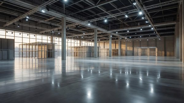 Large empty exhibition hall with polished floors and bright overhead lighting before a trade show opens