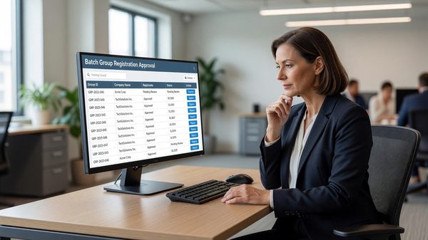 Corporate training coordinator reviewing a batch group registration approval dashboard