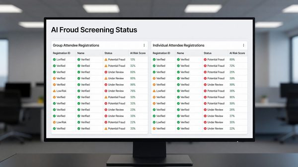 Registration platform dashboard showing AI fraud screening applied across both group and individual attendee registrations