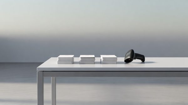 Empty conference registration desk with badge stock and a scanner under soft directional lighting