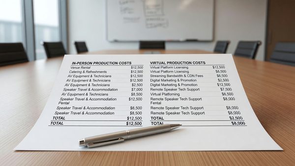 Conference budget spreadsheet showing line items for both in-person and virtual production costs