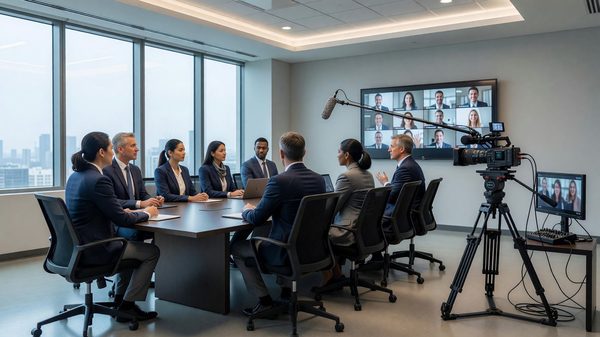 Conference room with both in-person attendees and a camera setup for remote hybrid broadcast