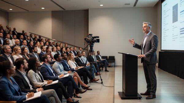 Conference speaker presenting to both an in-person audience and a camera streaming to remote attendees