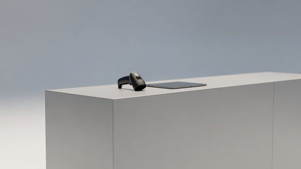 Trade show booth reception counter with a badge scanner and tablet, soft studio lighting