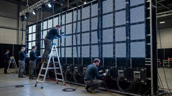 Modern LED video wall being assembled for a conference stage production