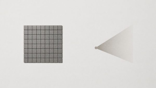 Simple abstract minimalist illustration contrasting two stage-display technologies — geometric shapes suggesting an LED panel grid beside a projection cone, muted color palette, no people, no text, no logos