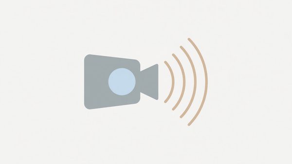 Simple abstract minimalist illustration representing live video streaming — geometric shape suggesting a camera and a signal/broadcast wave, muted color palette, no people, no text, no logos