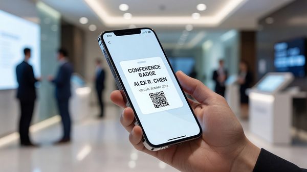Smartphone displaying a digital conference badge stored in a mobile wallet app