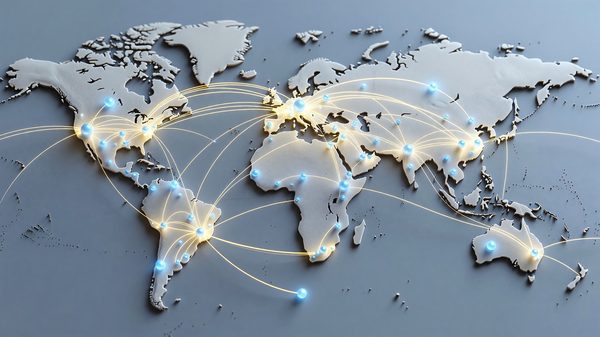 Abstract illustration of a global technology conference circuit with connected event markers on a world map