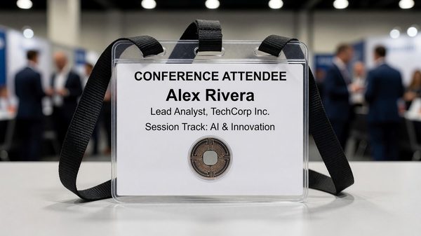 Conference attendee badge with lanyard showing an embedded NFC chip for tap-based lead retrieval