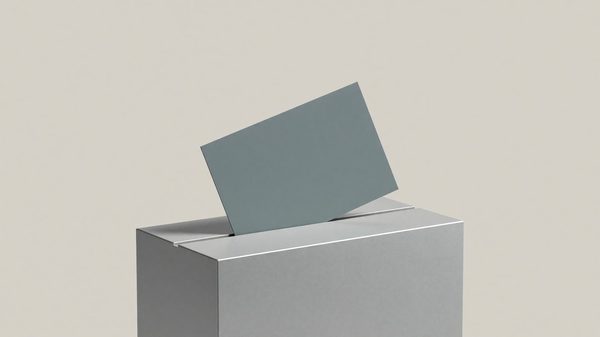 Simple abstract minimalist illustration representing on-demand printing — geometric shape suggesting a badge card emerging from a printer slot, muted color palette, no people, no text, no logos