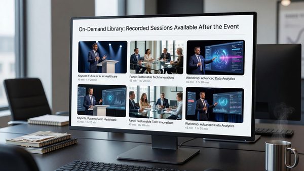 Conference platform showing an on-demand library of recorded sessions available after the event