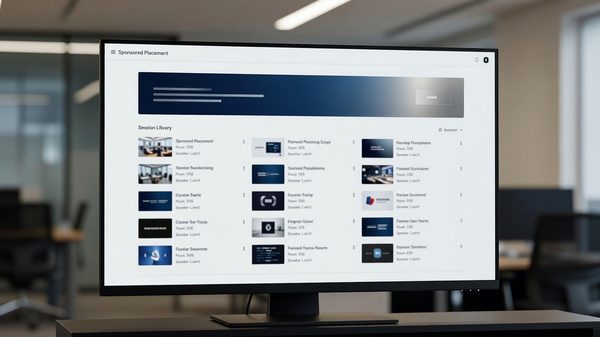 Conference on-demand content library interface showing a sponsored placement banner among session listings