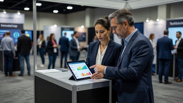 Exhibitor booth staff reviewing real-time lead-quality scores on a tablet during a trade show