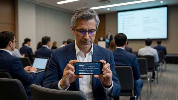 Conference attendee viewing live translated captions on a mobile device during a session