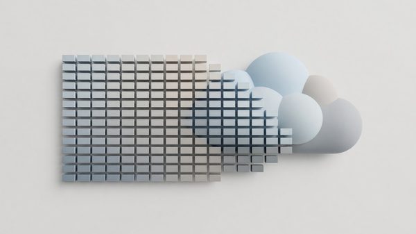 Simple abstract minimalist illustration representing the shift from spreadsheets to cloud software — geometric grid shape transitioning into a cloud shape, muted color palette, no people, no text, no logos
