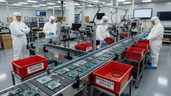 RFID badge manufacturing line showing component shortages affecting production output
